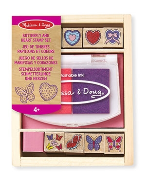 Melissa&amp;Doug Dřevěná razítka v krabici - Motýlci a srdíčka