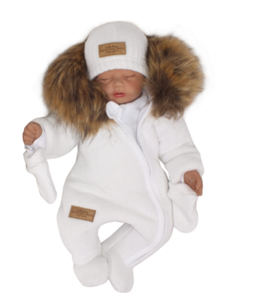 Z&amp;Z Zimní kombinéza s kapucí a kožešinou + rukavičky, bílá, vel. 68