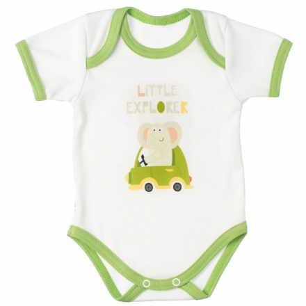 MBaby Bavlněné body s krátkým rukávem, Slůně Little Explorer, bílo/zelené, vel. 74