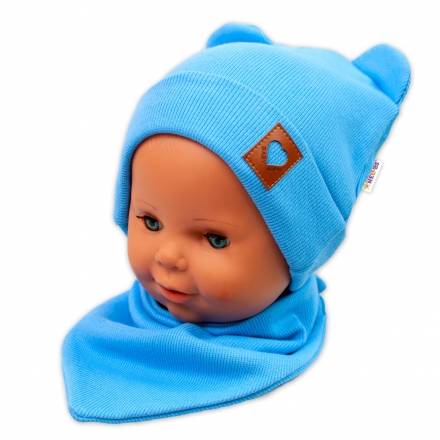 Baby Nellys  Žebrovaná dvouvrstvá čepice s oušky + šátek TEDDY - modrá