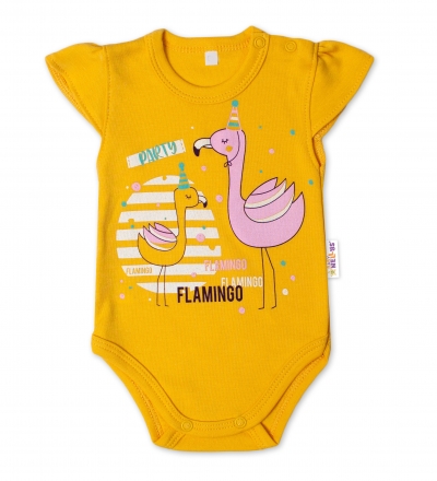 Baby Nellys  Bavlněné kojenecké body, kr. rukáv, Flamingo - hořčicové