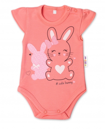 Baby Nellys  Bavlněné kojenecké body, kr. rukáv, Cute Bunny - lososové, vel. 80