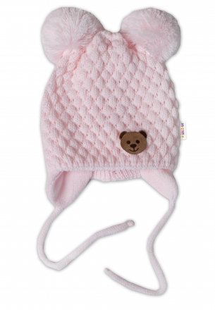 Zimní pletená čepice Teddy Bear na zavazování, růžová, 68/80, (6-12m), Baby Nellys