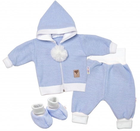 Baby Nellys 3-dílná souprava Hand made, pletený kabátek, kalhoty a botičky, modrá, vel. 62