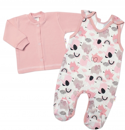 Baby Nellys 2-dílná sada, bavlněné dupačky s košilkou Sloníci, růžová, vel. 68