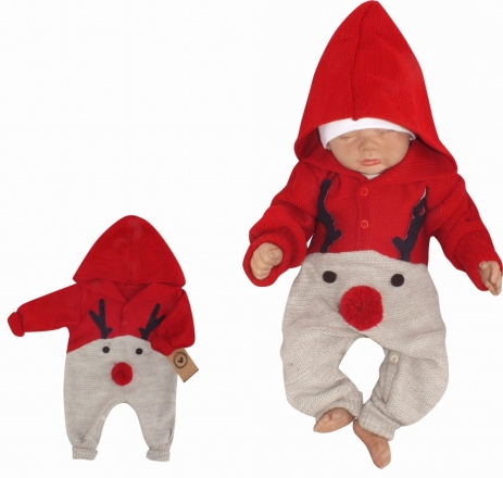 Z&amp;Z Dětský pletený Vánoční overálek s kapucí a knoflíčky Baby Sob, červený, vel. 68