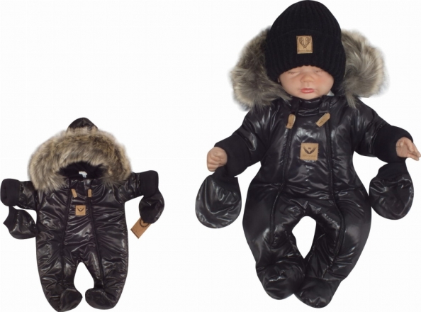 Zimní kombinéza s dvojitým zipem, kapucí a kožešinou + rukavičky Z&amp;Z, Angel, černý, vel.80