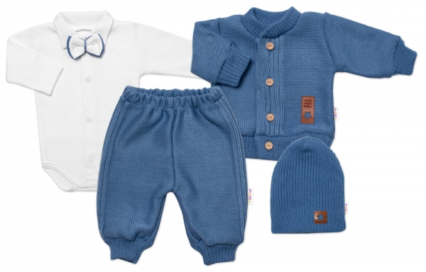 5-dílná pletená sada Baby Nellys, Boy, body, kalhoty, svetr, čepička, motýlek - modrá,62