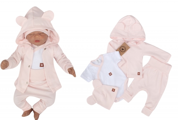 Novorozenecká sada 4D, body kr. rukáv, tepláčky, kabátek a čepička Z&amp;Z, růžová, vel. 56