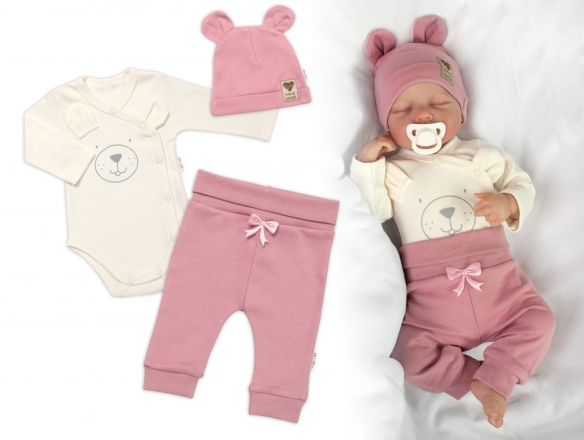 Baby Nellys Zavinovací body dl.rukáv, tepláčky a čepička Little Bear, , pudrová/smetana