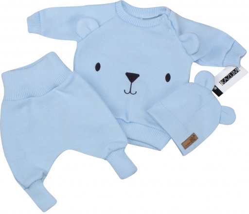 Pletená kojenecká sada 3D Medvídek, svetřík, tepláčky + čepička Kazum, modrá, vel. 62