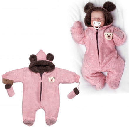 Baby Nellys Oteplená pletená kombinéza s rukavičkama Teddy Bear, , dvouvrstvá,růžová,vel.68