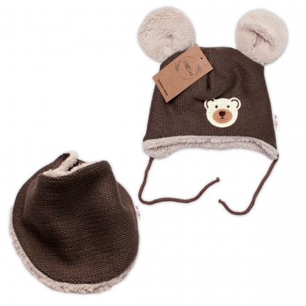 Pletená zimní čepice s kožíškem a šátkem Teddy Bear, Baby Nellys, hnědá, vel. 68/74