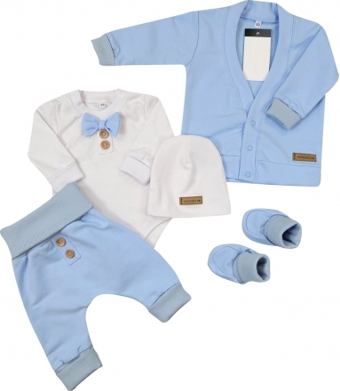 Bavlněná sada, body, kalhoty, motýlek a čepice Elegant Boy 5D, Kazum, modrá/bílá, vel. 80