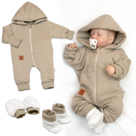 Baby Nellys Bavlněný oteplený overálek s kapucí, rukavičky, botky, 3D sada Nature - taupe, vel. 68