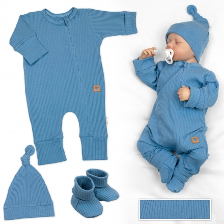 Baby Nellys Rostoucí žebrovaný overálek, čepička a botičky, 3D, Nature - jeans, 74/80