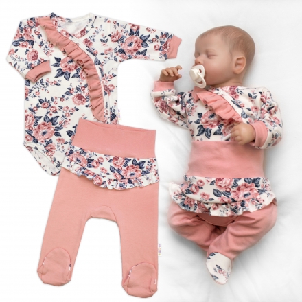 Baby Nellys Bavlněná sada 2D, body + polodupačky Růžičky, pudrově růžová