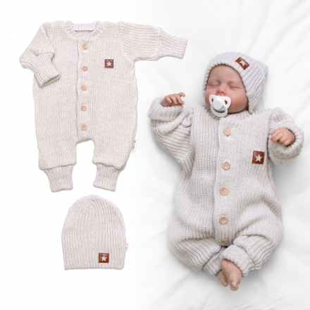 Baby Nellys Rostoucí pletený oversize overálek + čepička Star, béžový melírek