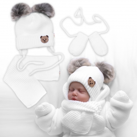 Dětská sada, zimní čepice s šálou + rukavičky 3D, Teddy Bear - bílá