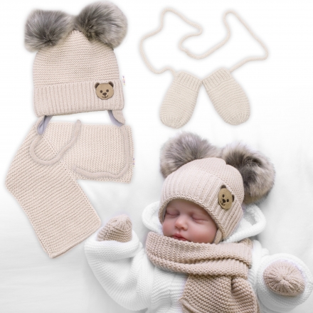 Baby Nellys Dětská sada, zimní čepice s šálou + rukavičky 3D, Teddy Bear - béžová