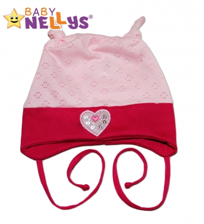 Baby Nellys Bavlněná čepička Srdíčko  ® - sv.růžová/tm. růžová