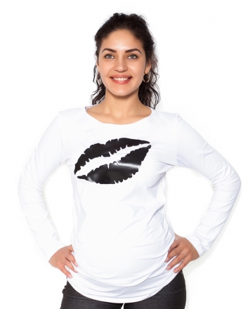 Be MaaMaa Těhotenské triko dlouhý rukáv Kiss - bílé - XL